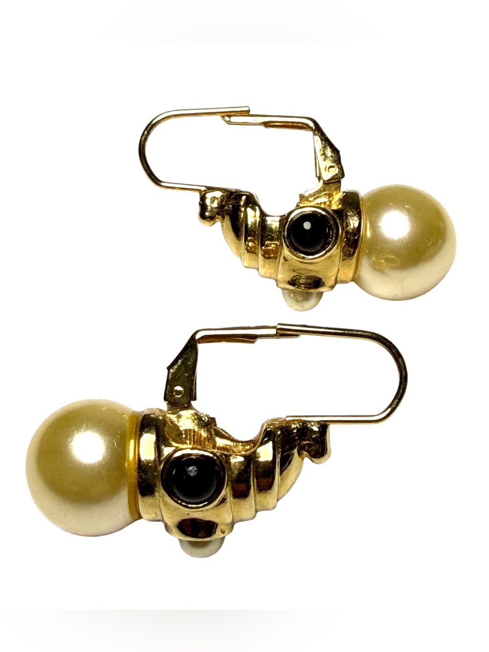 Gold-tone Pearl Drop Lever Back Earrings with Black and White Accents